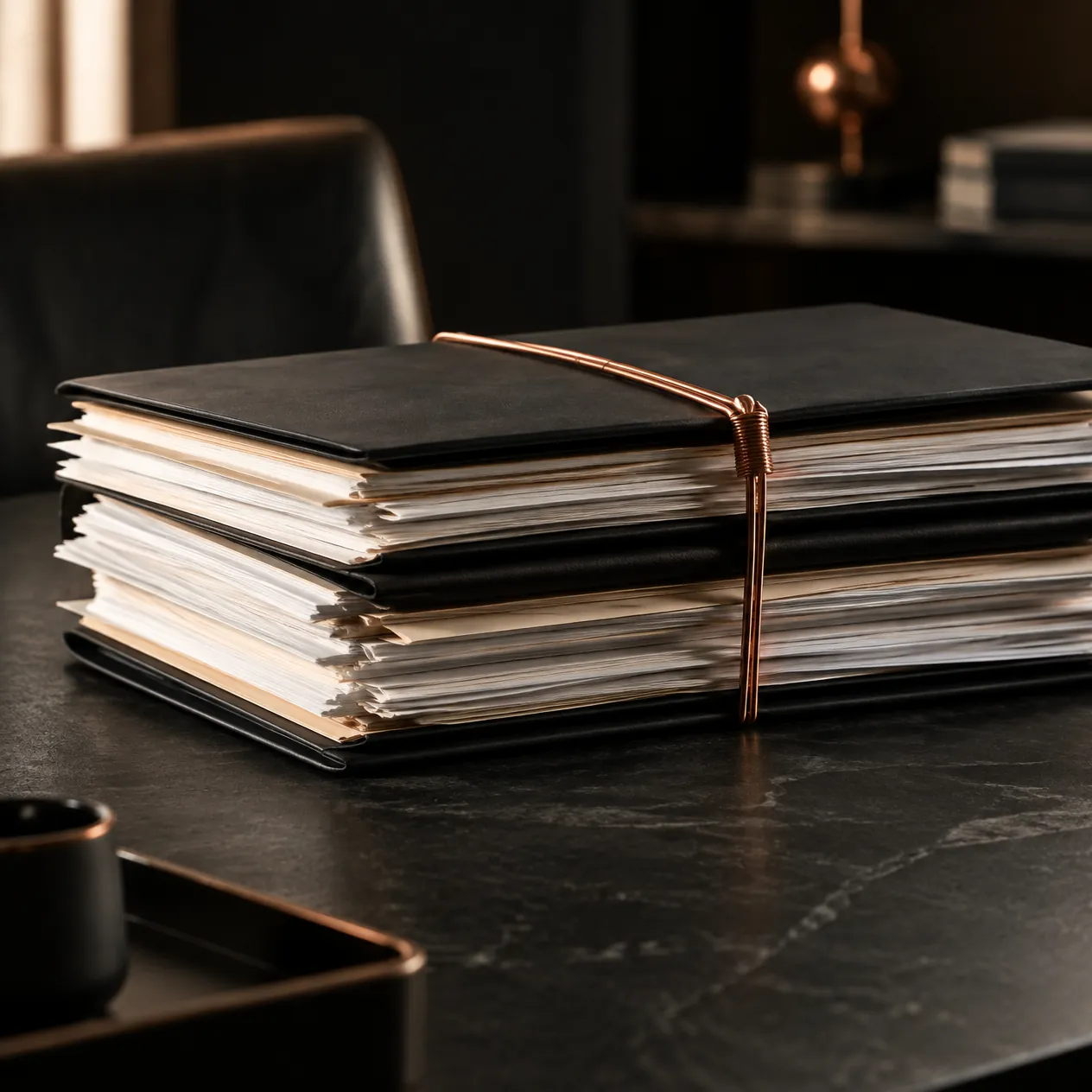 Dossier professionnel structuré dans l’univers noir, ivoire et cuivre de LEGATUM & PARTNERS