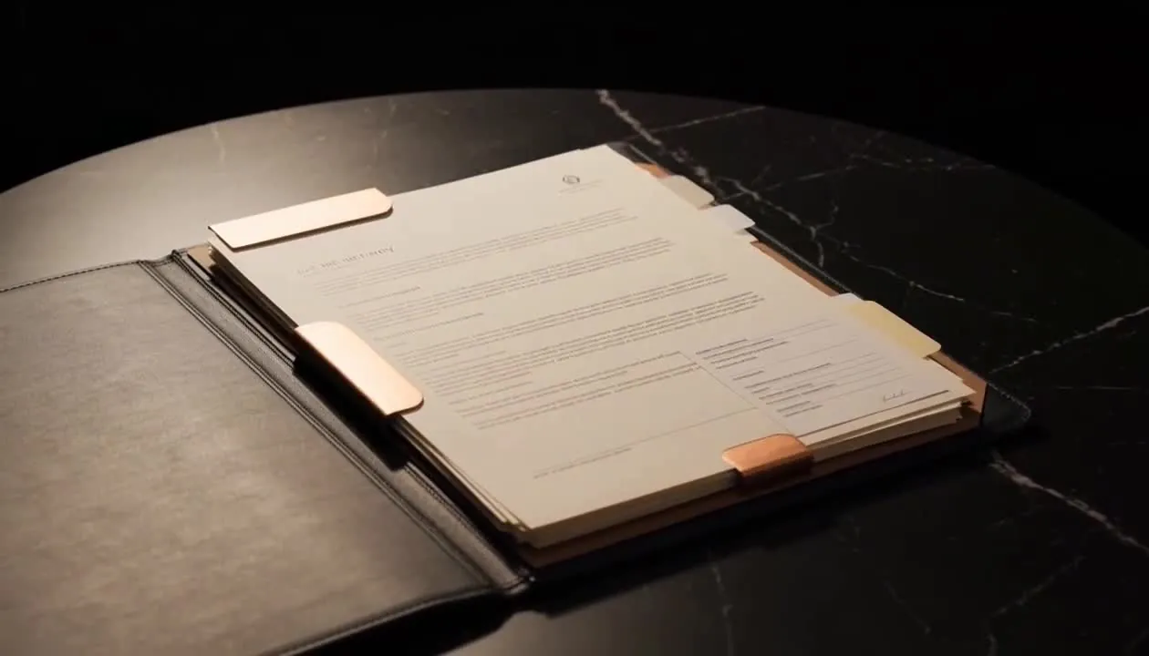 Dossier procédural ouvert et structuré sur une table sombre